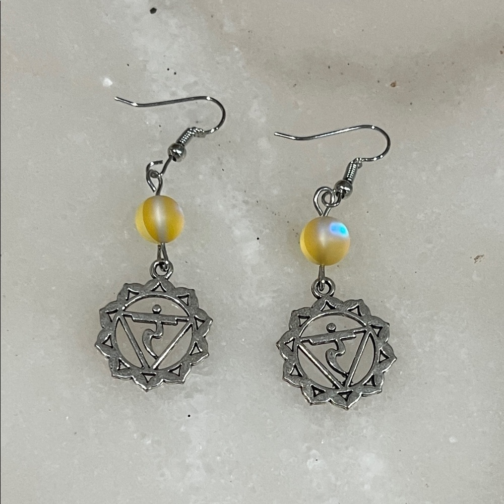 Chakra Silver Charm and Yellow Earrings Meditation Yoga Jewelry